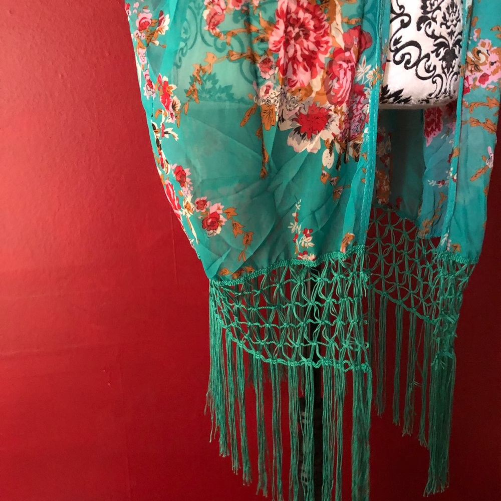 Floral kimono fringe spring summer beach casual - Picture 3 of 5